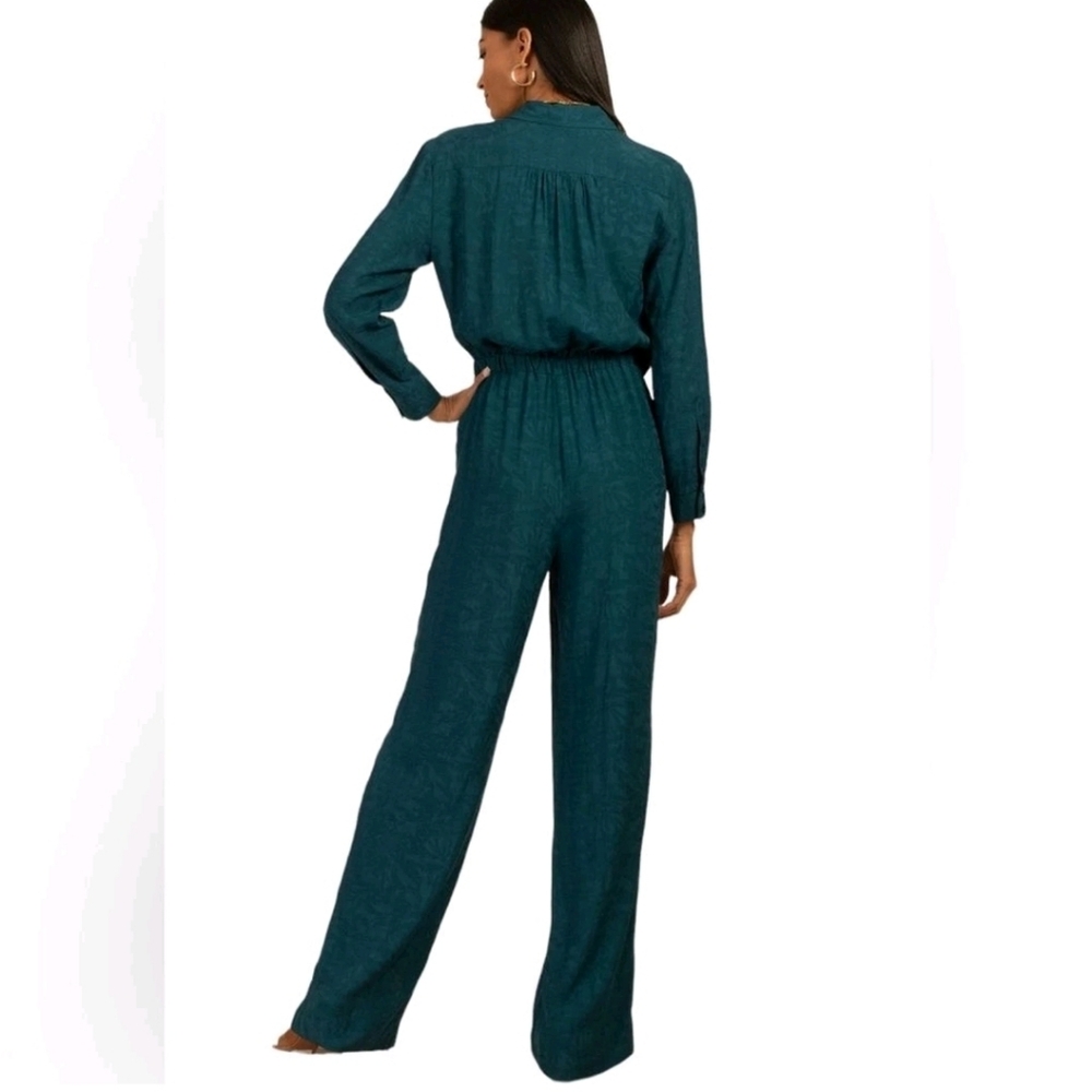 Trina Turk Banita Women's 12 Teal Green Floral Jacquard Wide Leg Jumpsuit New - Picture 2 of 8